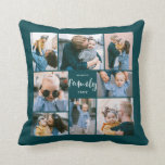 8 Photo Collage Modern Family Personalized | Teal Throw Pillow<br><div class="desc">This simple,  modern styled throw pillow features 8 photo templates,  as well as 2 text templates (name and year). Stylish hand lettered typography spells out the word,  "Family."</div>