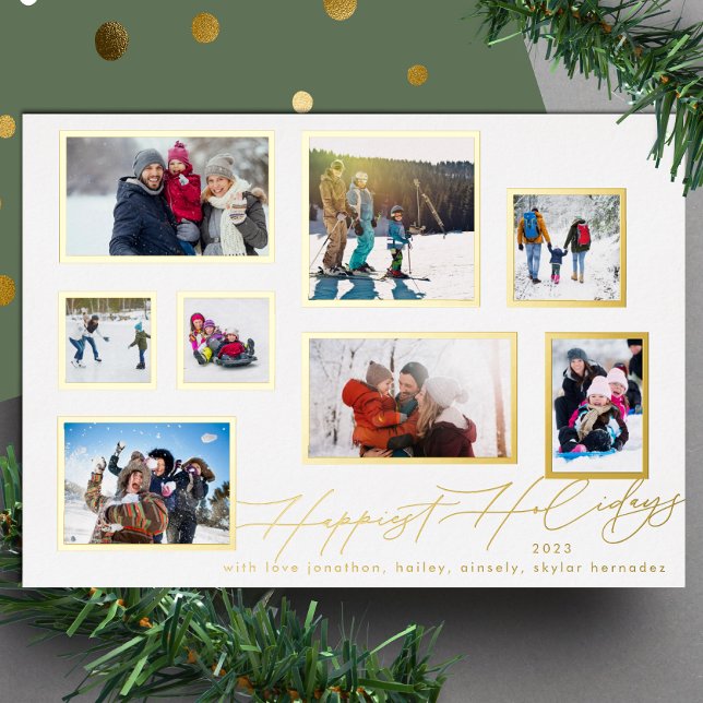 8 Photo Collage | Modern Gold Frames Foil Holiday Card (Creator Uploaded)