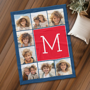 8 Photo Collage Monogram - Blue and Red Fleece Blanket