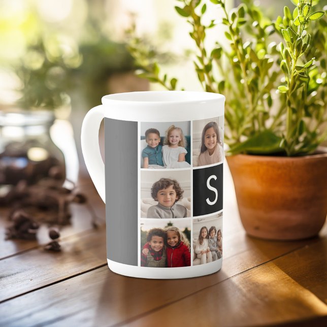 8 Photo Collage Monogram PHOTO 6 needs work Bone China Mug (Personalized mug with photos and text, customize completely in the advanced design area)