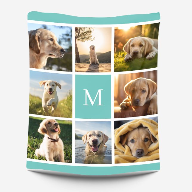 8 Photo Collage Monogram Turquoise Custom Fleece Blanket (Creator Uploaded)