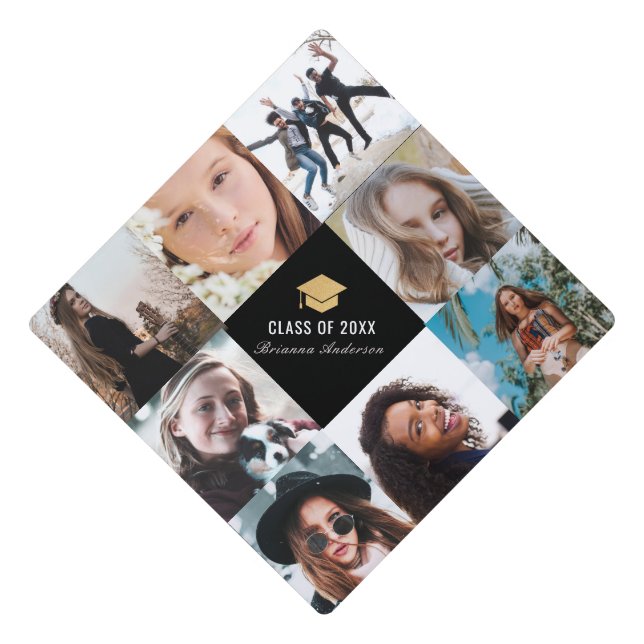 8 Photo Collage Simple Black Graduation Cap Topper (Front)