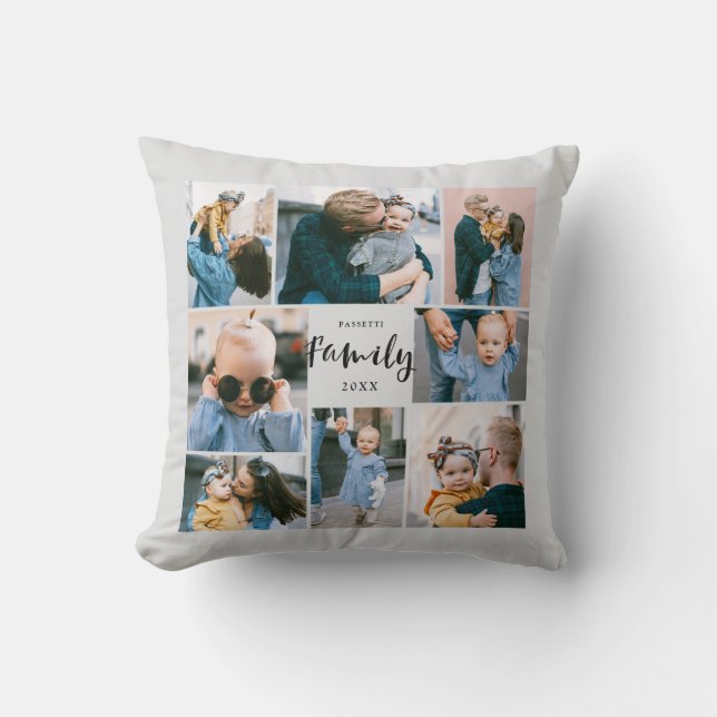 8 Photo Collage Stylish Modern Family | Grey Throw Pillow (Front)