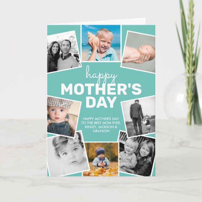 8 Photo Collage Teal Happy Mother's Day Card (Front)