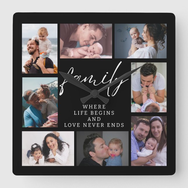 8 Photo Collage Template Family Love Quote Black   Square Wall Clock (Front)