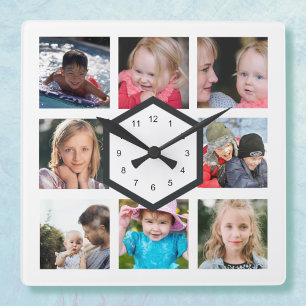 8 Photo Collage White Square Wall Clock