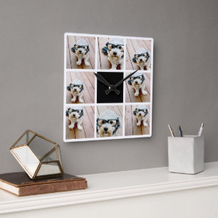 8 Photo Collage - with black accent color Square Wall Clock