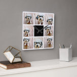 8 Photo Collage - with black accent colour Square Wall Clock<br><div class="desc">Black and White - A popular grid collage with photos. Use 8 square photos to create a unique and personal gift. For best results, crop your photos into squares before uploading. If you need to adjust the pictures, click on the customize tool to make changes. For best results, crop your...</div>