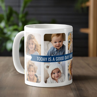 8 Photo Collage with Custom Text Navy Blue Ribbon Coffee Mug