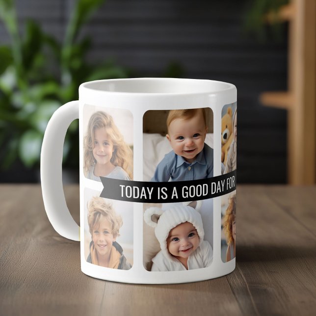 8 Photo Collage with Custom Text Ribbon - Black Coffee Mug (Custom Photo Mug)