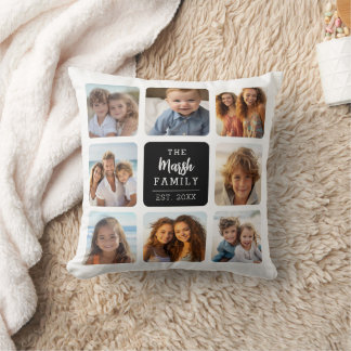 8 Photo Collage with Family Name in Middle - Black Throw Pillow