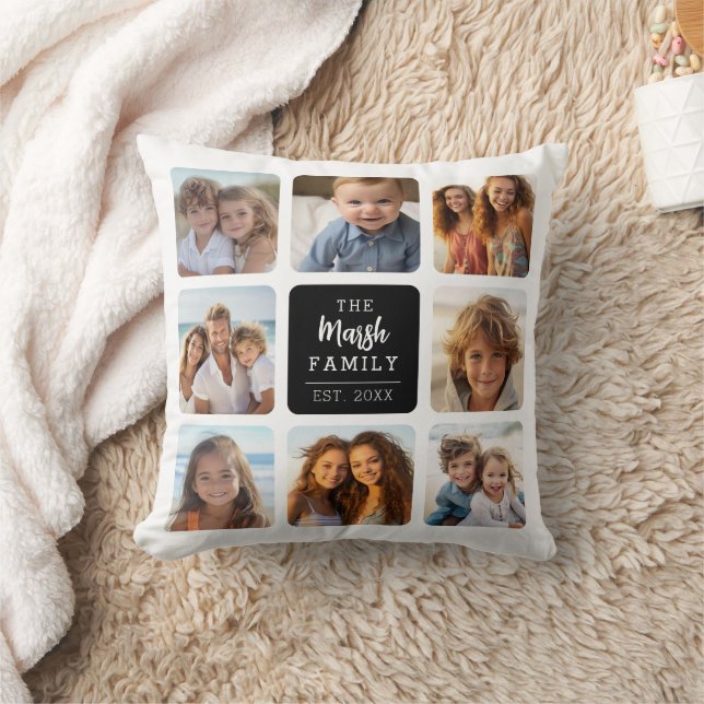 8 Photo Collage with Family Name in Middle - Black Throw Pillow (Blanket)