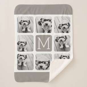 8 Photo Collage with Monogram - Neutral Taupe Sherpa Blanket
