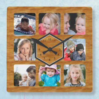 8 Photo Collage Wood Colour Square Wall Clock