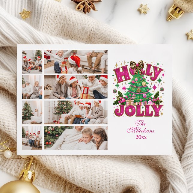 8 Photo Glitter Leopard Bow Holly Jolly Holiday Card (Creator Uploaded)