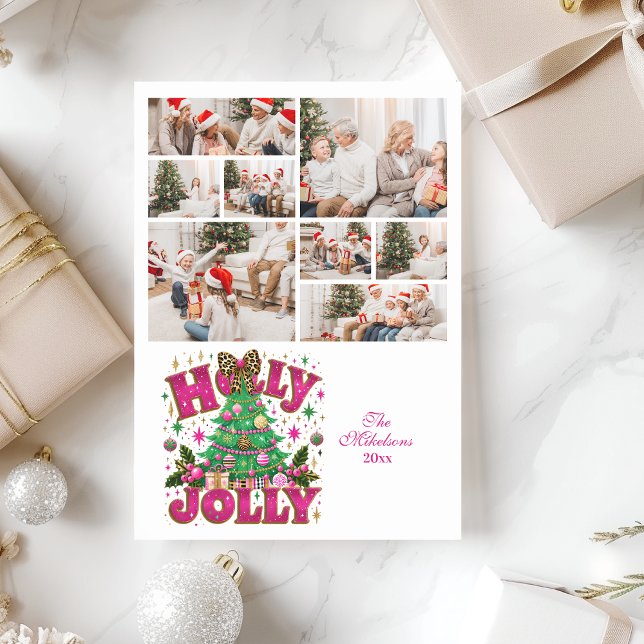 8 Photo Glitter Leopard Bow Holly Jolly Holiday Card (Creator Uploaded)