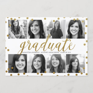 8 Photo Gold Glitter Look Graduation Invitation