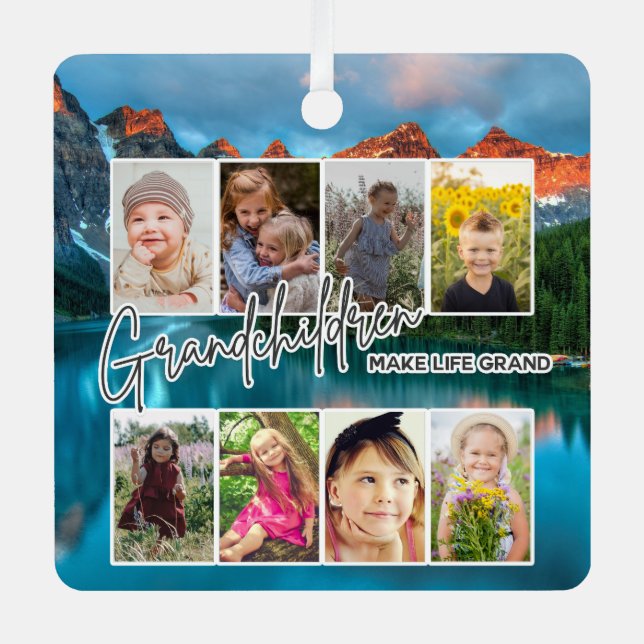 8 Photo "Grandchildren Make Life Grand" Metal Ornament (Front)