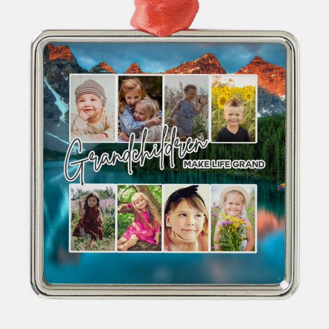 8 Photo "Grandchildren Make Life Grand" Metal Ornament (Front)