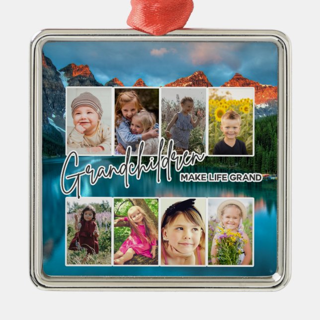 8 Photo "Grandchildren Make Life Grand" Metal Ornament (Front)