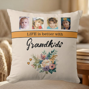 8 photo grandkids flowers orange throw pillow
