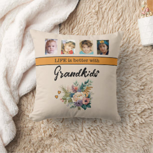 8 photo grandkids flowers orange throw pillow