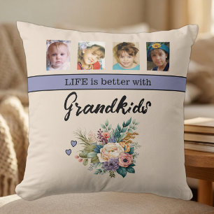 8 photo grandkids flowers purple throw pillow