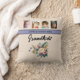 8 photo grandkids flowers purple throw pillow