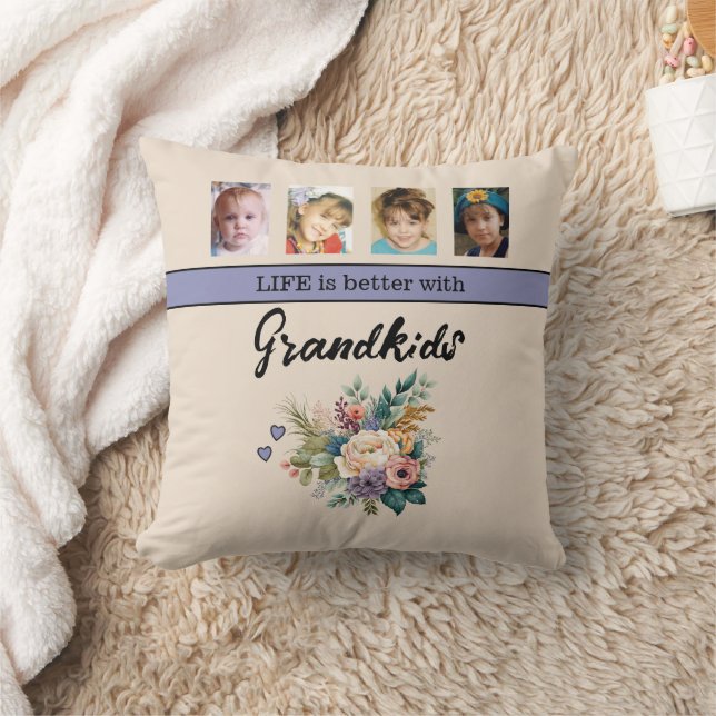 8 photo grandkids flowers purple throw pillow (Blanket)
