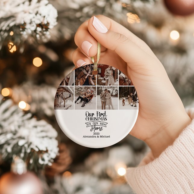8 Photo Minimalist Christmas First Home Ceramic Ornament (Creator Uploaded)