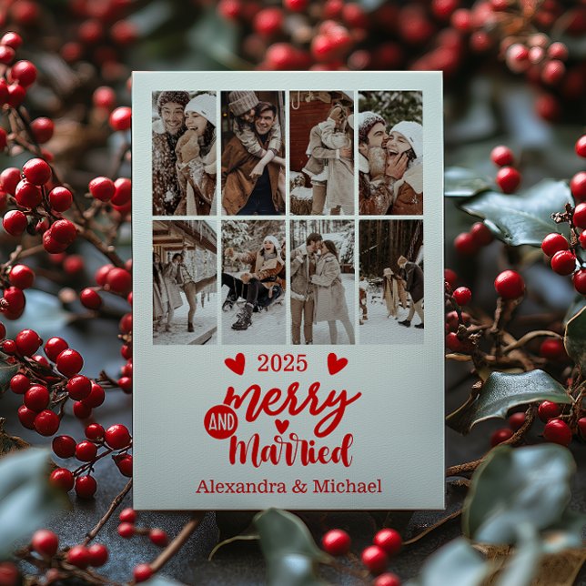 8 Photo Minimialist Merry and Married  Holiday Card (Creator Uploaded)