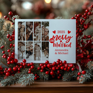 8 Photo Minimialist Merry and Married  Holiday Card