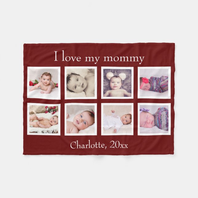 8 Photo Personalized Custom Text (Burgundy) Fleece Blanket (Front (Horizontal))