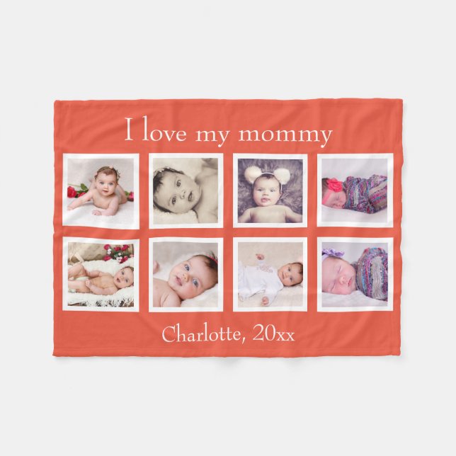 8 Photo Personalized Custom Text (Orange) Fleece Blanket (Front (Horizontal))