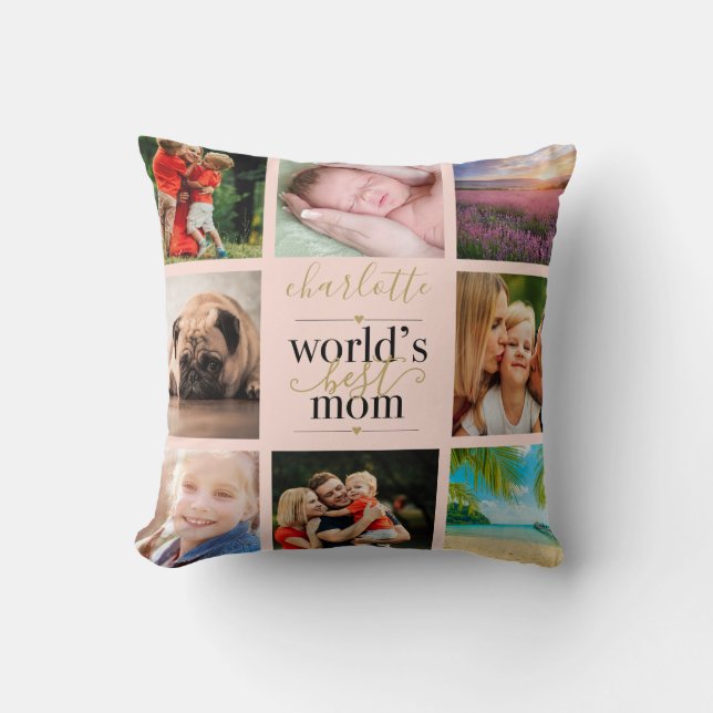 8 Photo Personalized Worlds Best Mom Blush Pink Throw Pillow (Front)