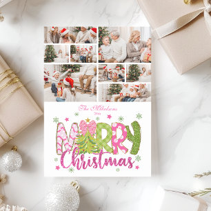 8 Photo Pink Green Bow Tree Merry Christmas Holiday Card