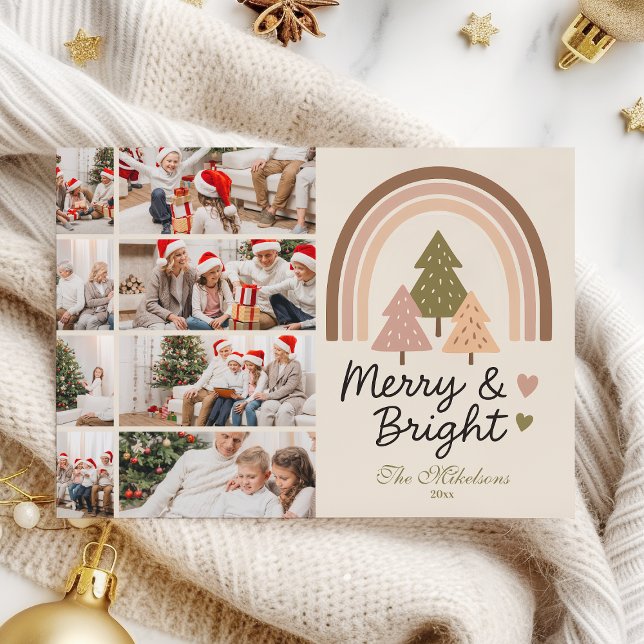 8 Photo Retro Neutral Rainbow Merry & Bright  Holiday Card (Creator Uploaded)