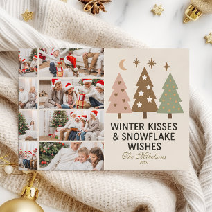 8 Photo Retro Winter Kisses & Snowflake Wishes Holiday Card