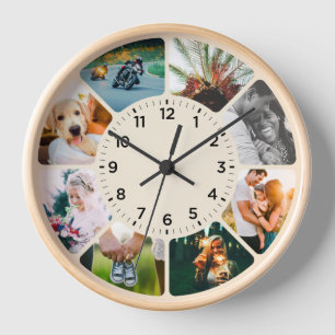8 Photo Rounded Clock Tan