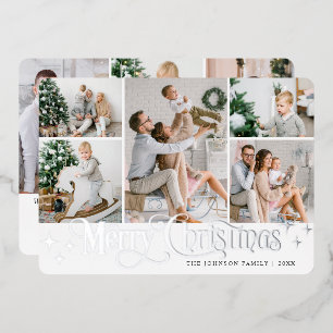 8 PHOTO Sparkle Merry Christmas Silver Foil Holiday Card