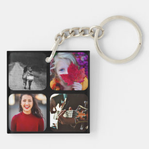 8 Photo Template Double Sided Grid Rounded Black Keychain