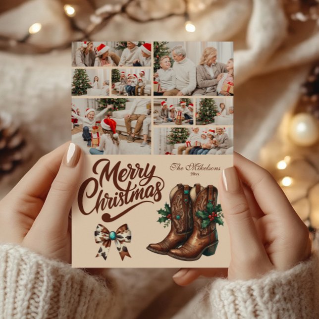 8 Photo Western Bow & Boots Christmas Holiday Card (Creator Uploaded)