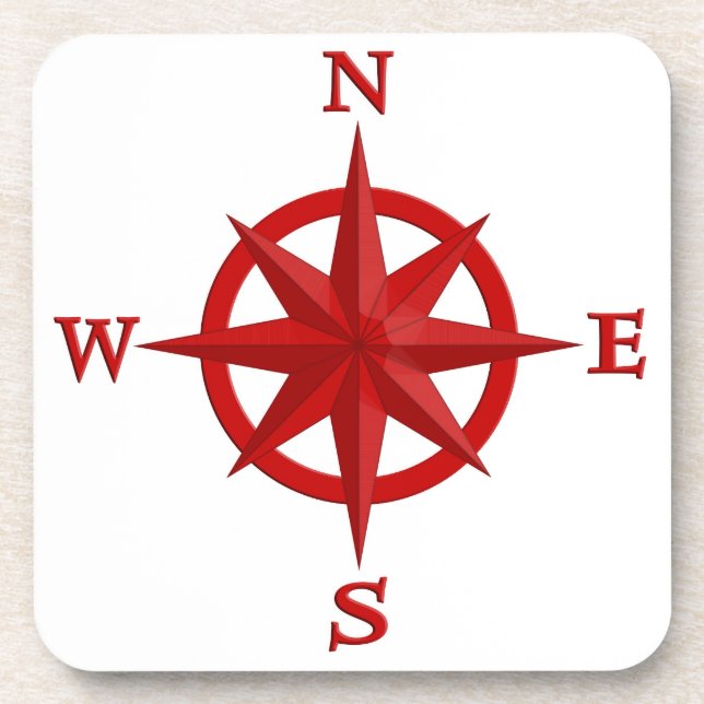 8-Point Compass Rose, Deep Red and White Coaster (Front)