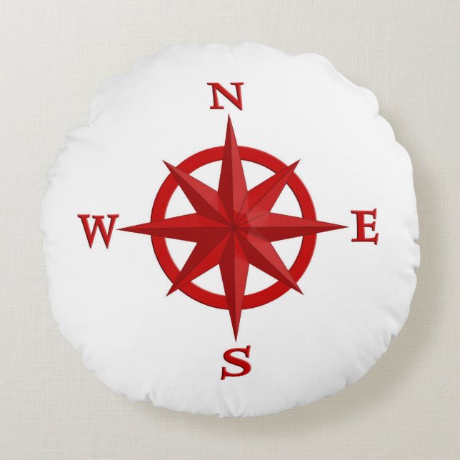 8-Point Compass Rose, Deep Red and White Round Pillow (Front)