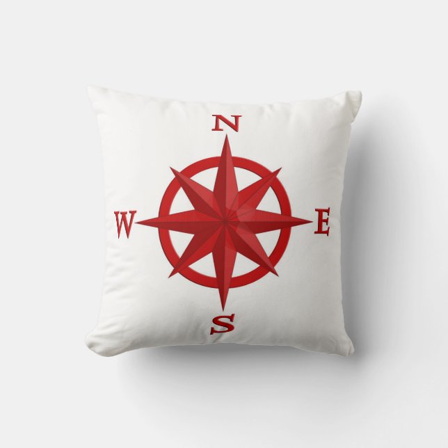 8-Point Compass Rose, Deep Red and White Throw Pillow (Front)