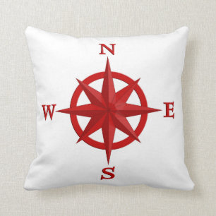 8-Point Compass Rose, Deep Red and White Throw Pillow