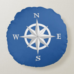 8-Point Compass Rose, White and Cobalt Blue Round Pillow