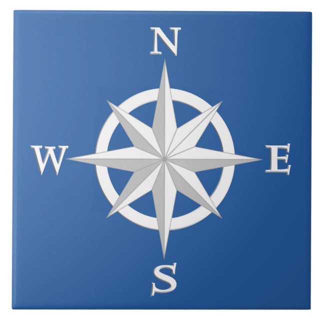 8-Point Compass Rose, White and Cobalt Blue Tile (Front)