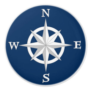 8-Point Compass Rose, White and Navy Blue Ceramic Knob