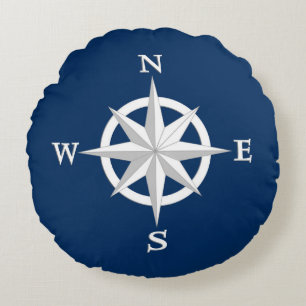 8-Point Compass Rose, White and Navy Blue Round Pillow